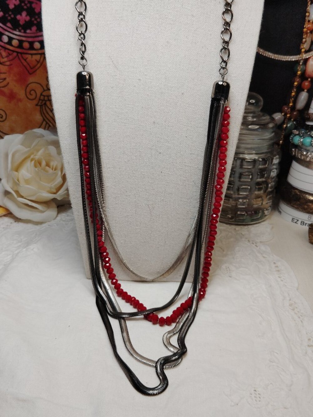 Jules B. Mixed Silver & Gunmetal Multi‑Strand Necklace with Red Glass Beads